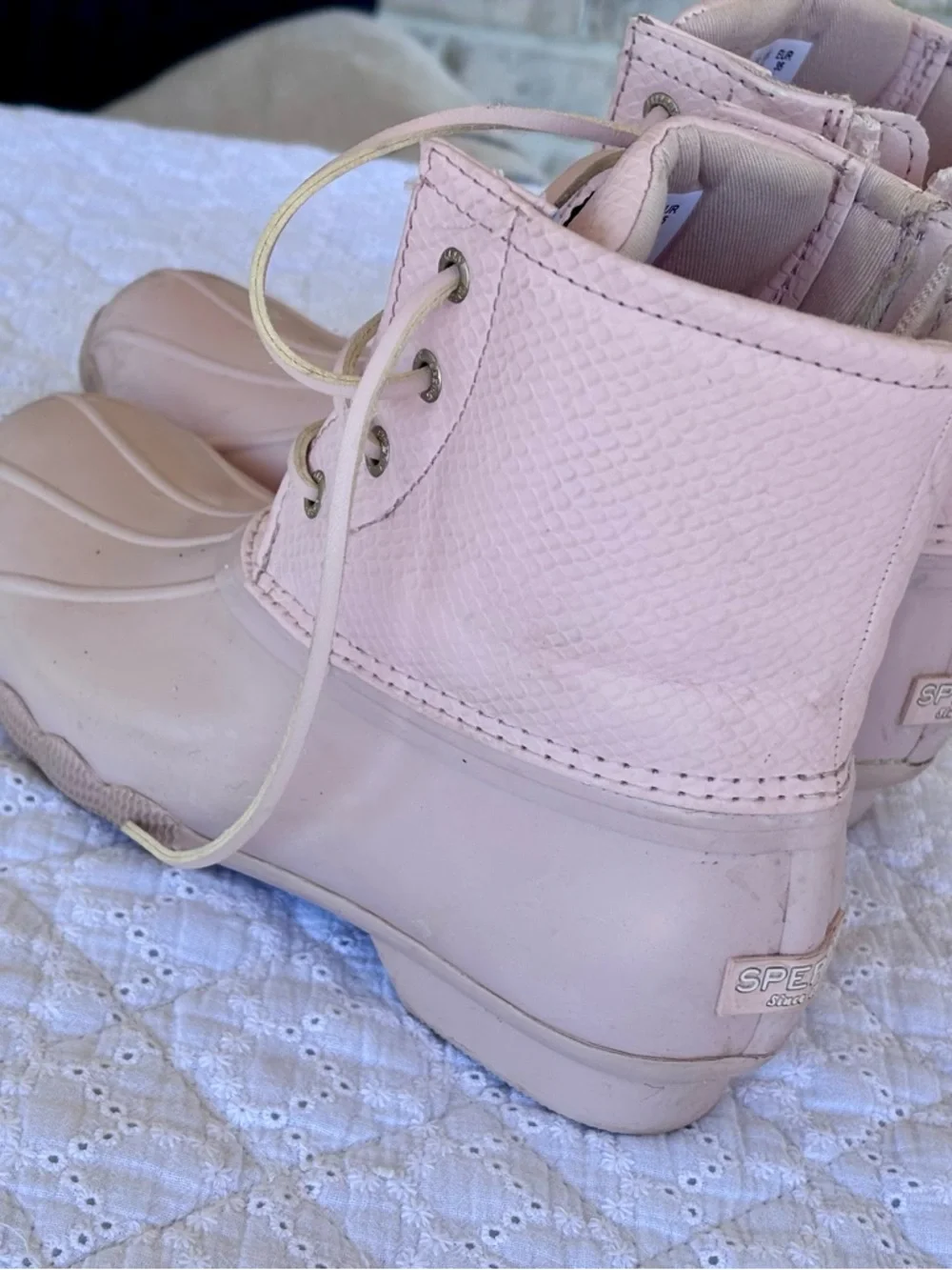 Sperry Duck Boots Girls Size 3 Pink Khaki Waterproof Lace Up Rain Boots